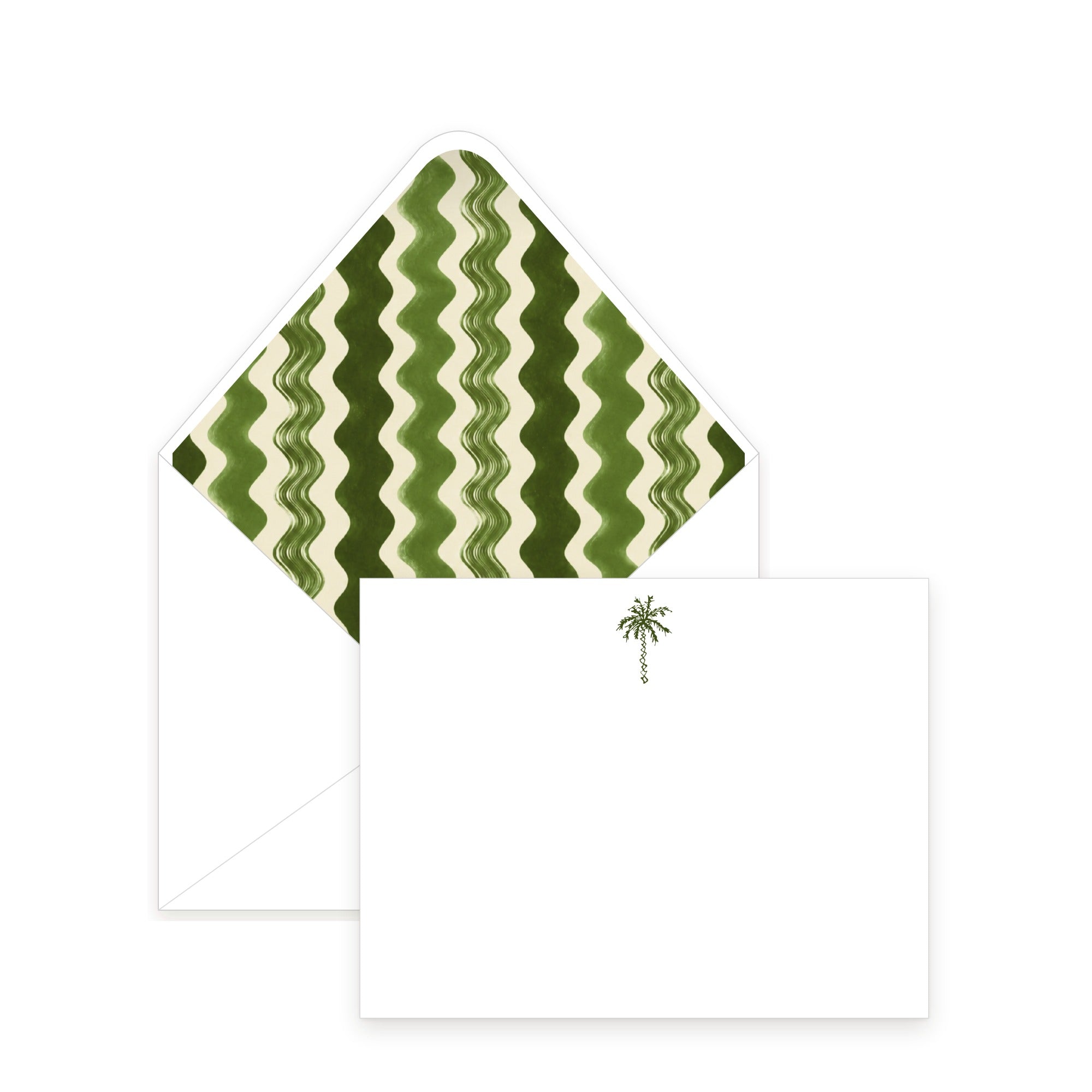 Flat notecard with green palm and wavy stripe lined envelope