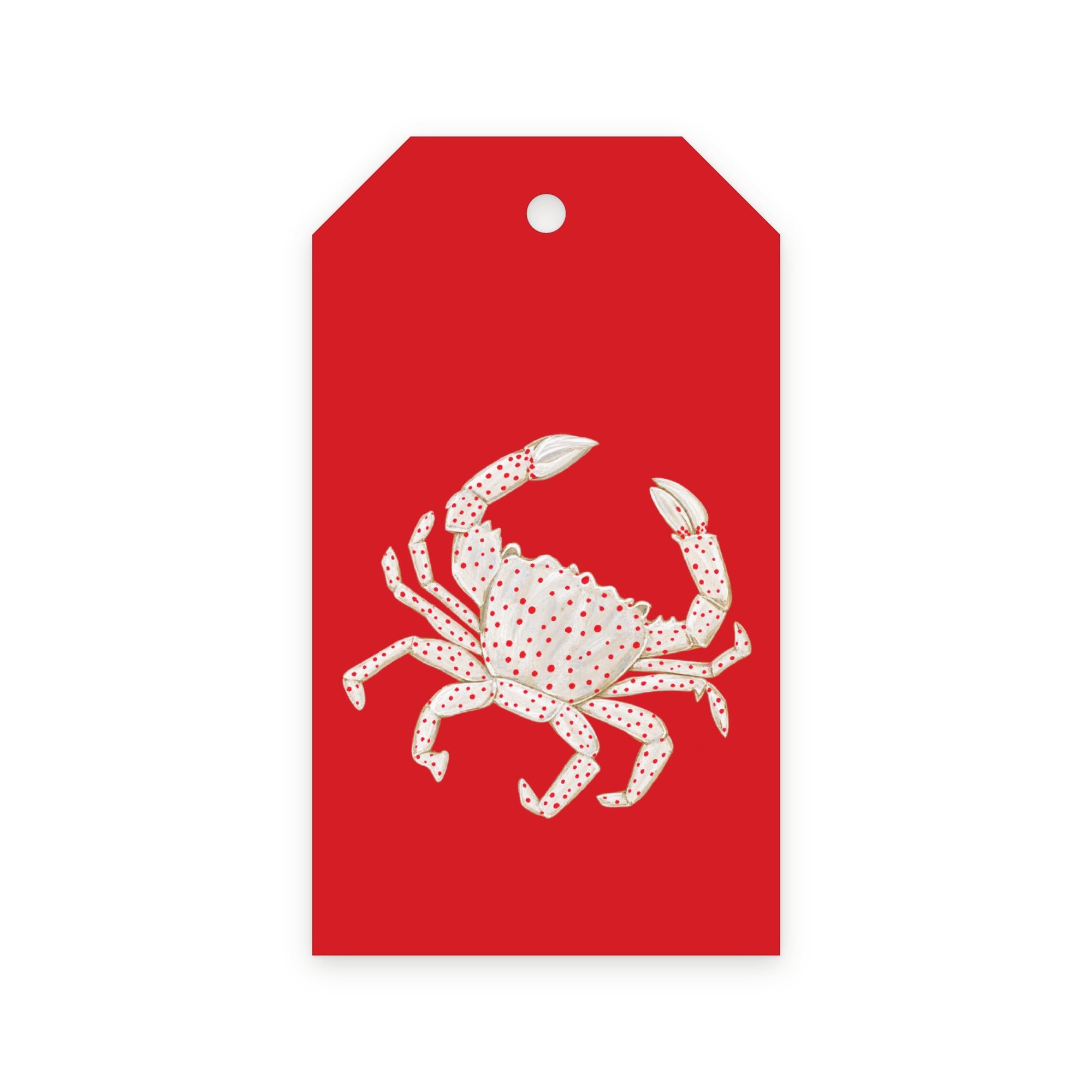 Red gift tag with white polka-dot crab