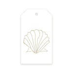 White gift tag with sand scallop shell outline
