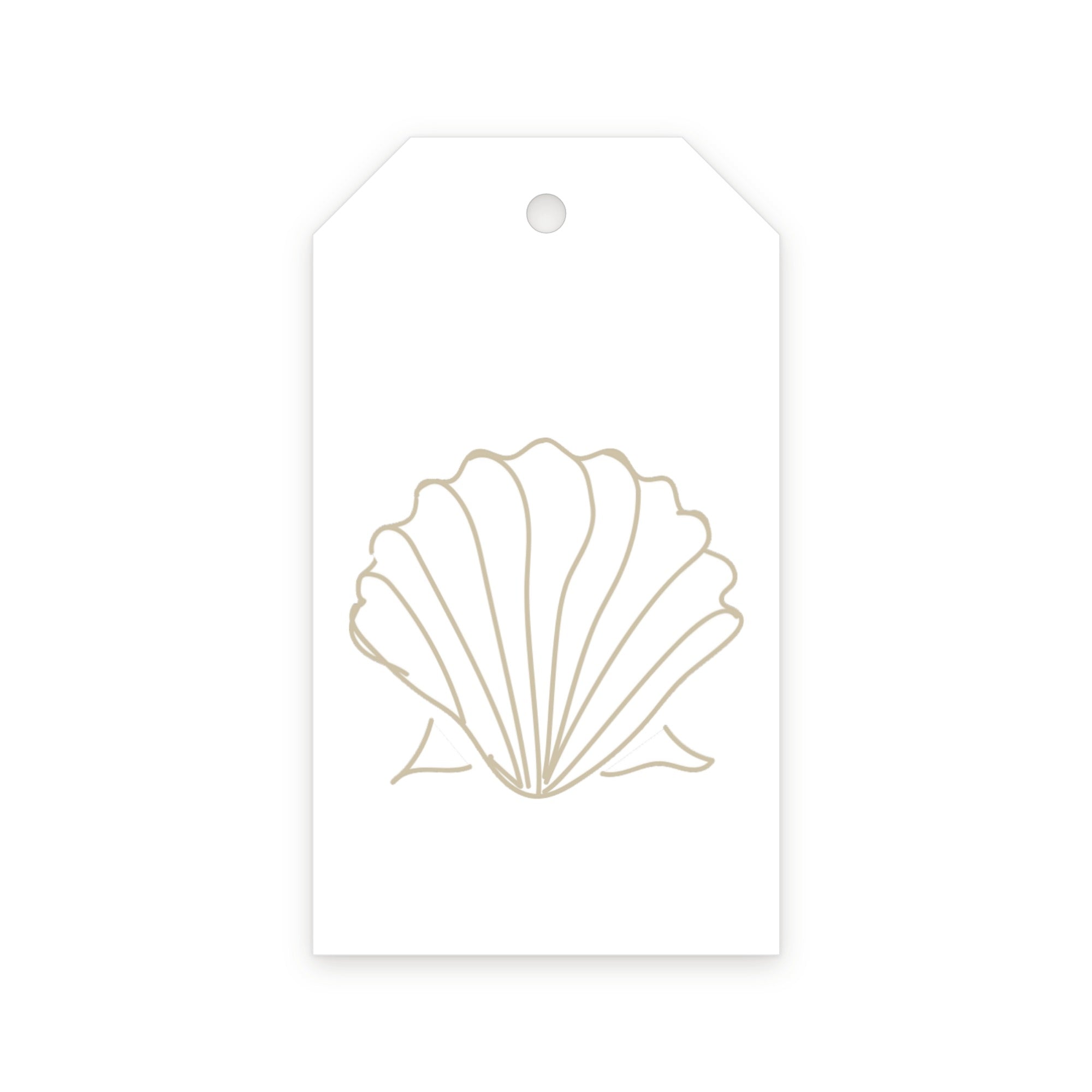 White gift tag with sand scallop shell outline