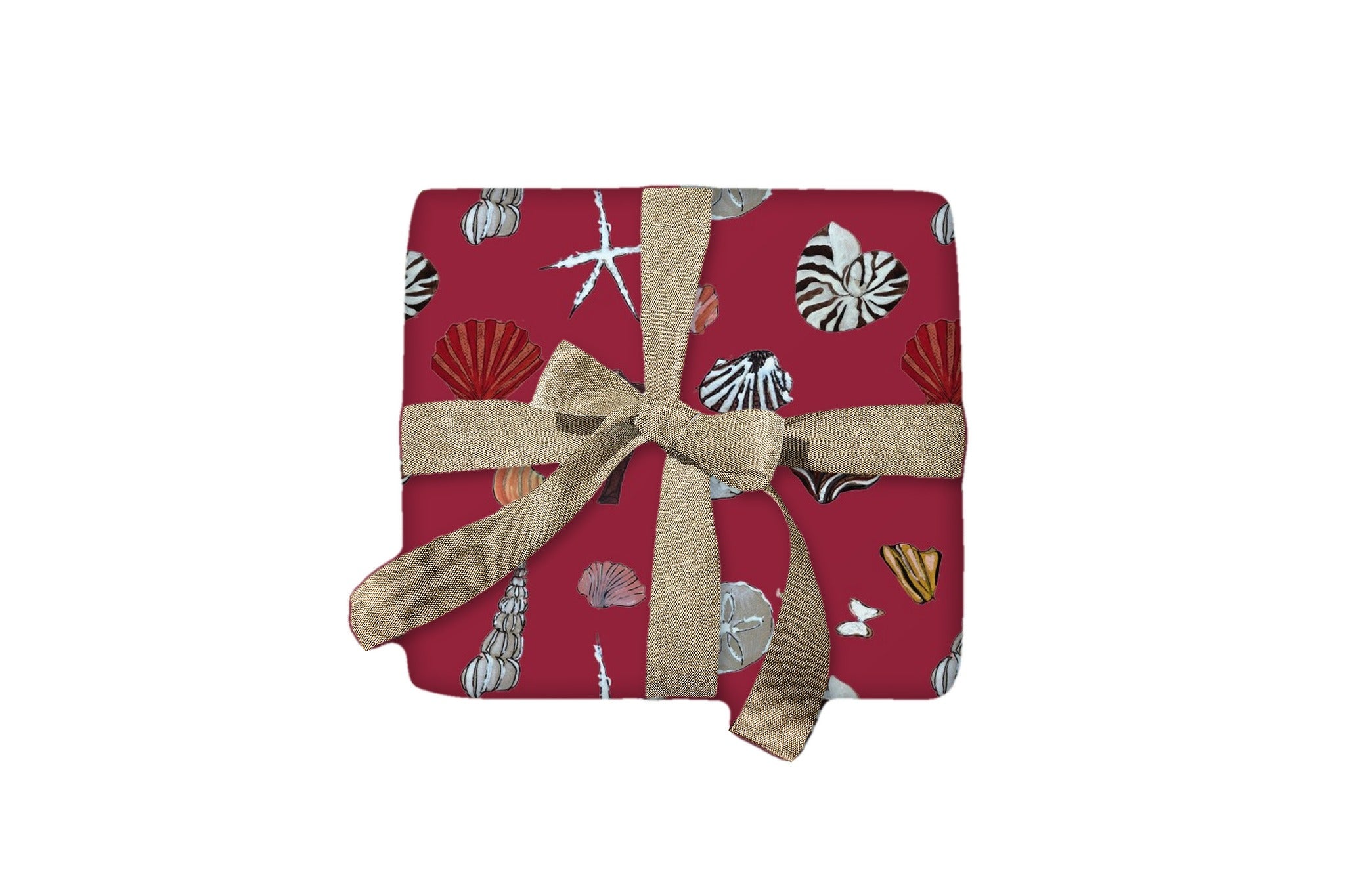 Shells Cranberry wrapping paper on a gift box